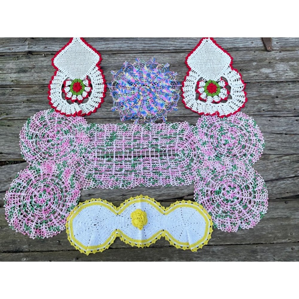 Vintage 9 Crochet Doily Lot Flowers, pink yellow Cottage
